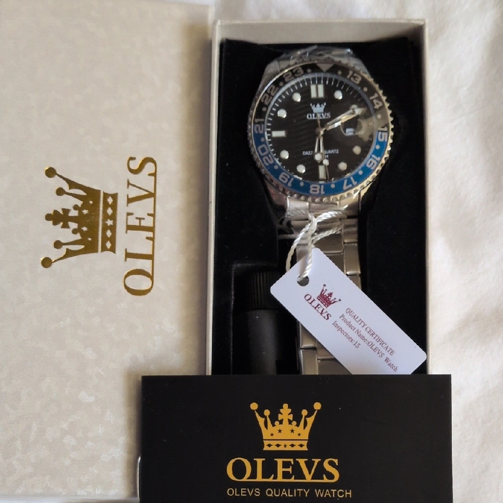 OLEVS Men's Stainless Steel Watch - Black and Blue Dial